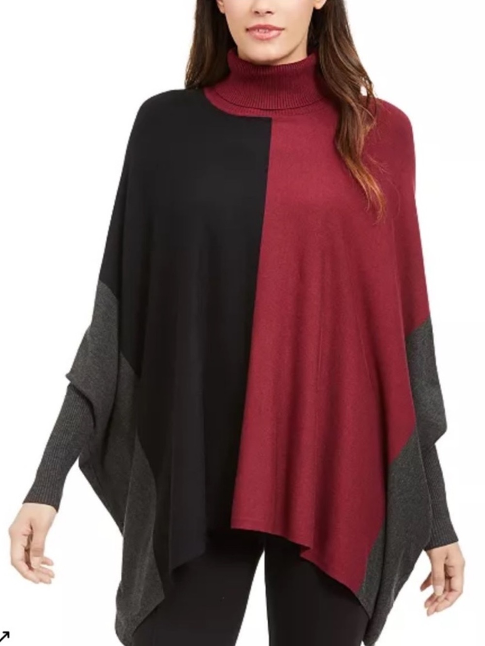 ALFANI Turtleneck Colorblock Poncho Sweater Petite Small PS SP $70 Malbec Gray